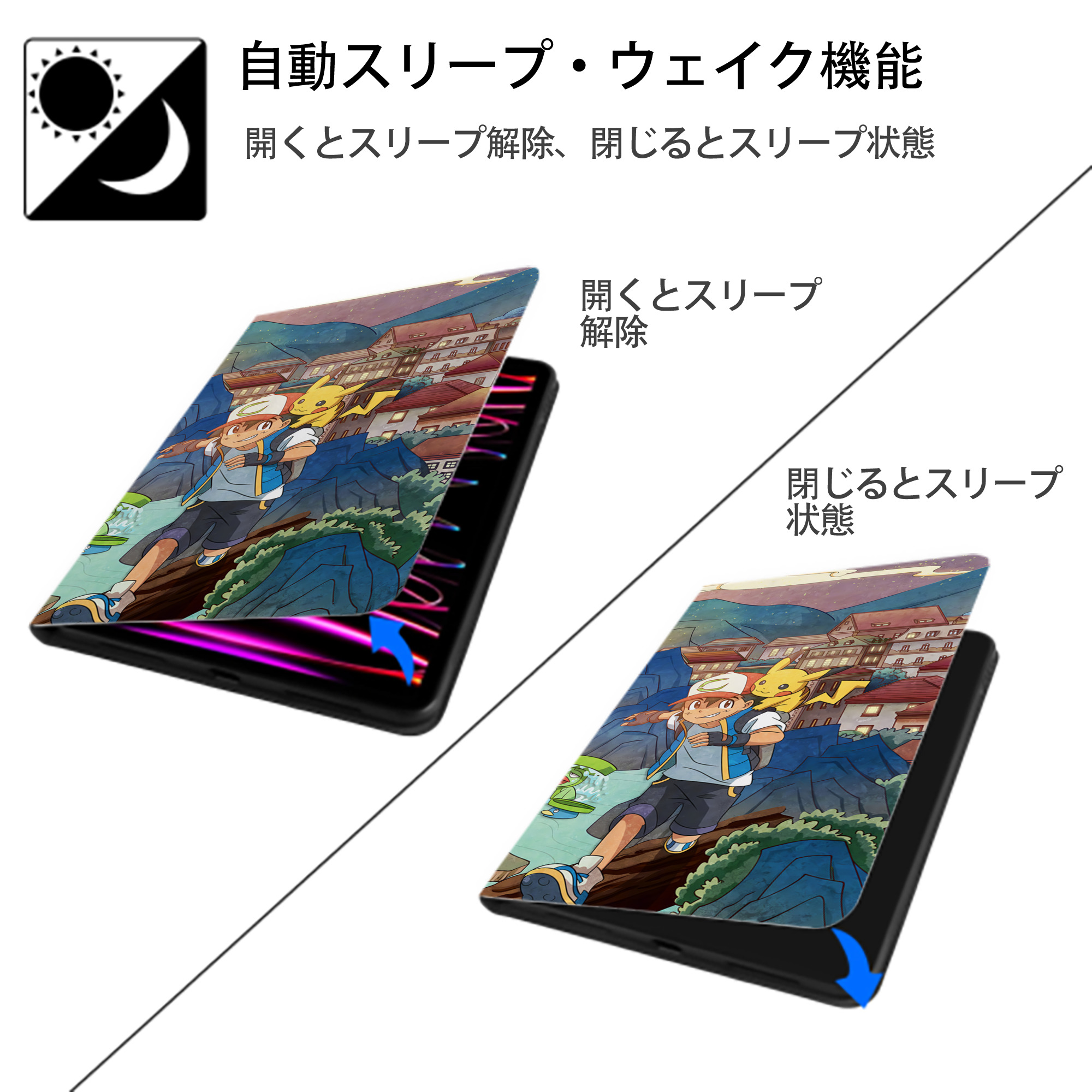 ポケットモンスター Pokémon IPad ケース ブック型 PUレザー TPU 耐衝撃 軽量 薄型 ペン収納なし 全面保護 IPad 各モデル対応