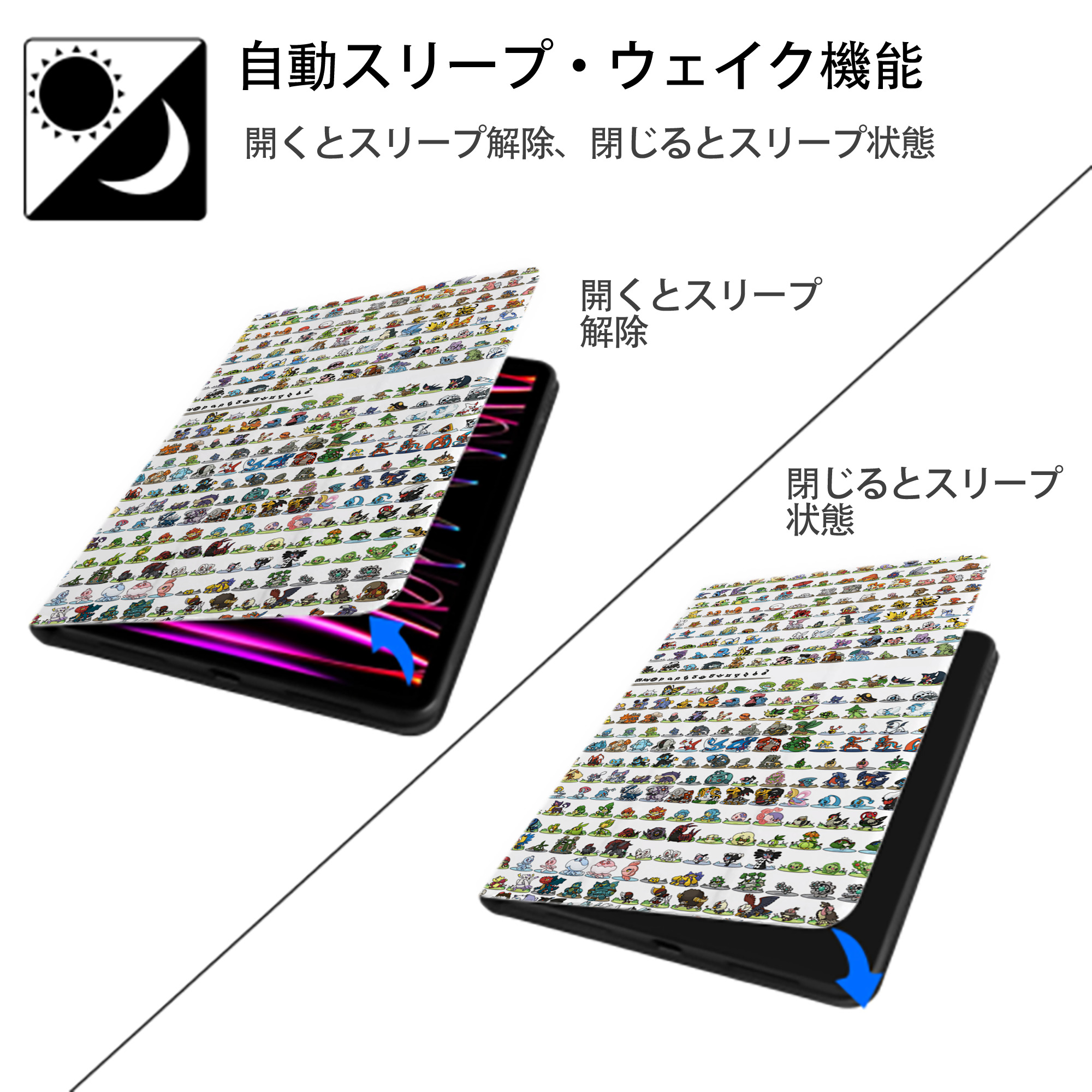 ポケットモンスター Pokémon IPad ケース ブック型 PUレザー TPU 耐衝撃 軽量 薄型 ペン収納なし 全面保護 IPad 各モデル対応