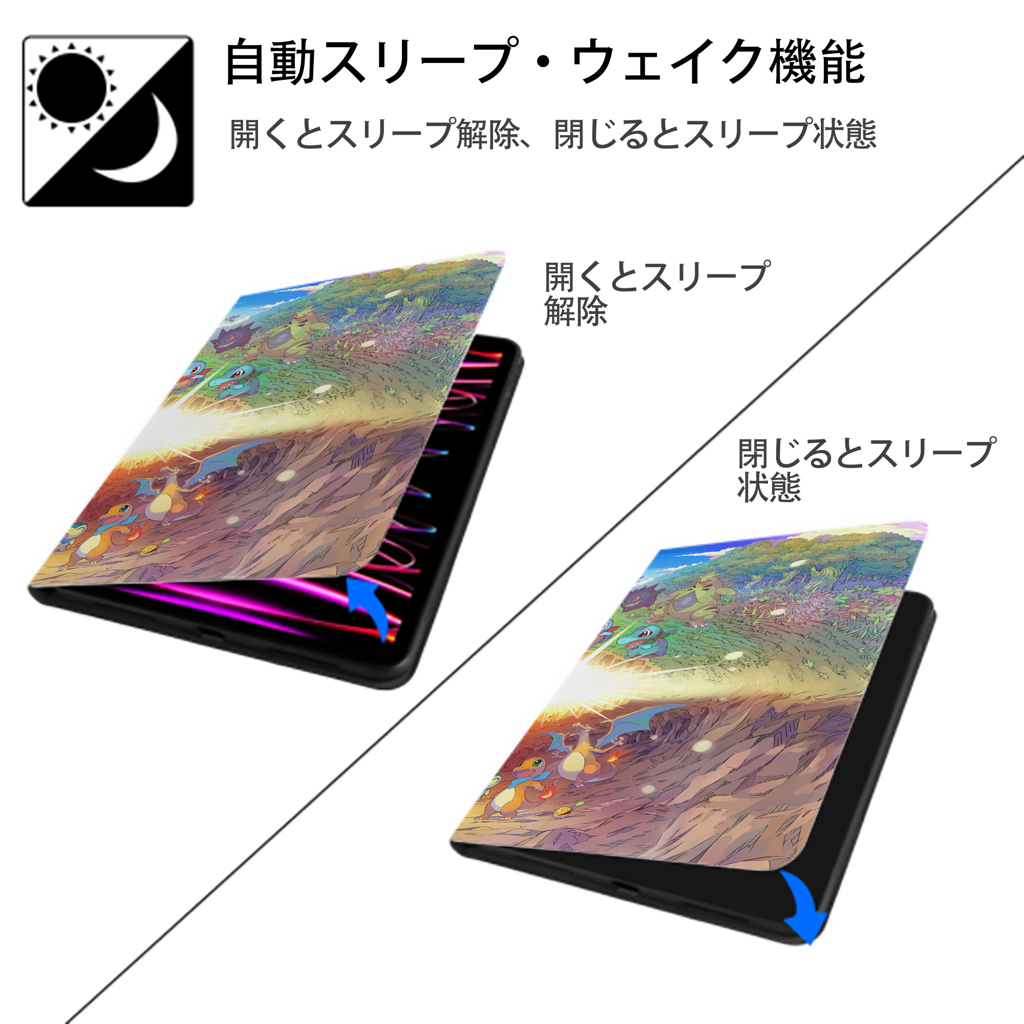 ポケットモンスター Pokémon IPad ケース ブック型 PUレザー TPU 耐衝撃 軽量 薄型 ペン収納なし 全面保護 IPad 各モデル対応