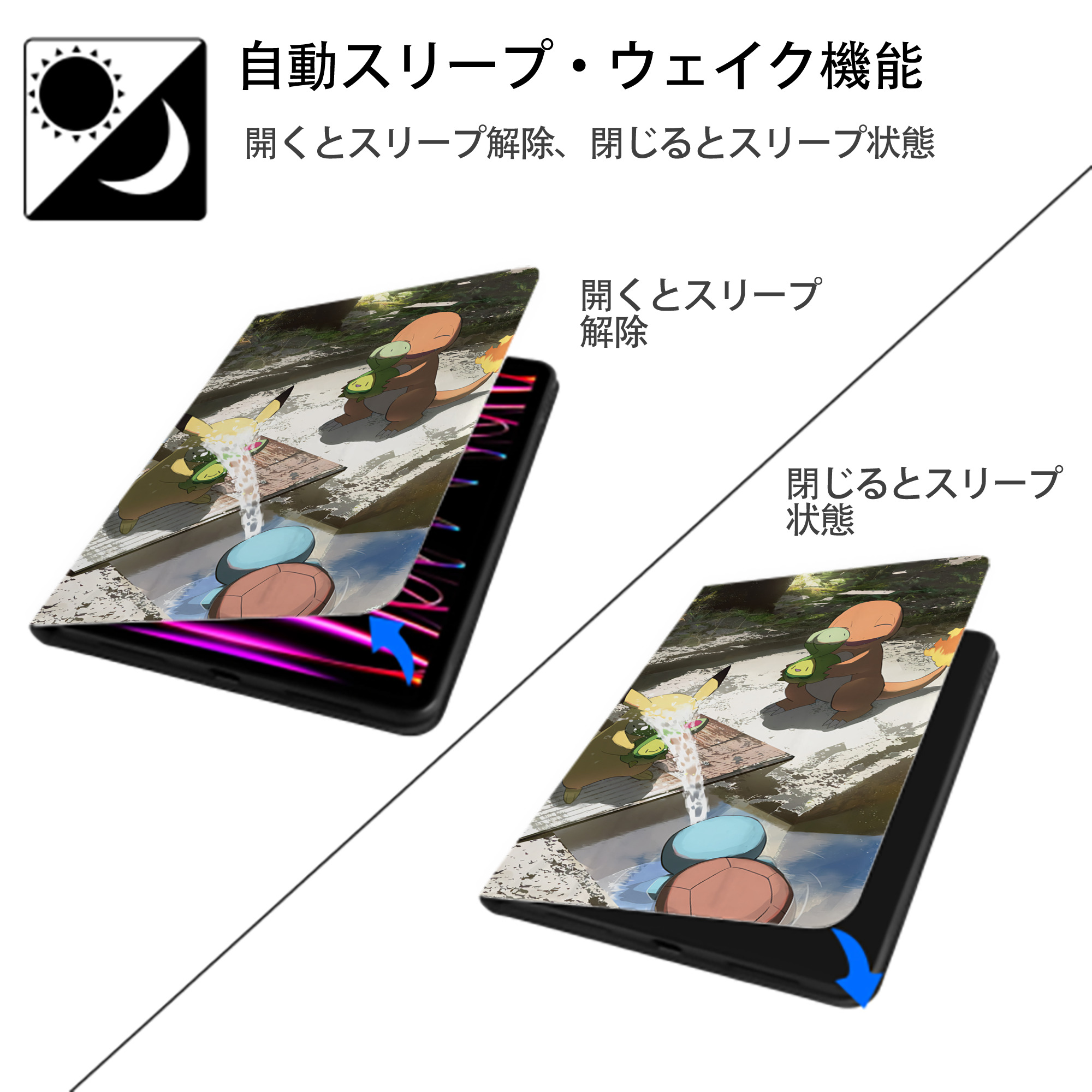 ポケットモンスター Pokémon IPad ケース ブック型 PUレザー TPU 耐衝撃 軽量 薄型 ペン収納なし 全面保護 IPad 各モデル対応
