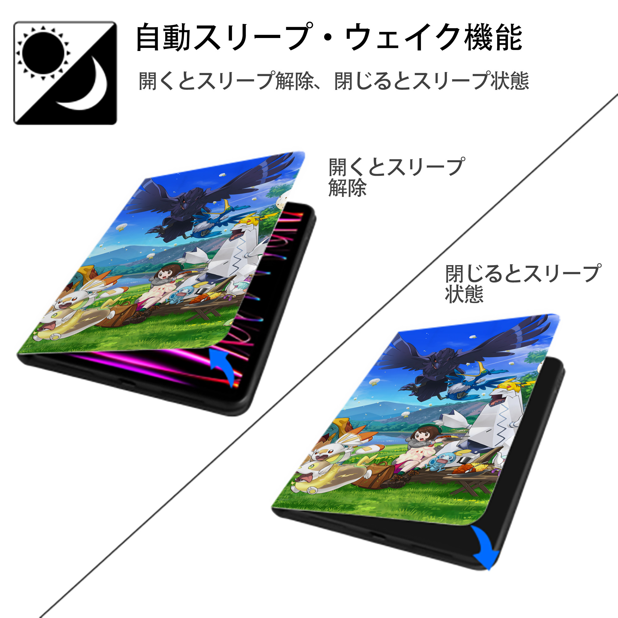 ポケットモンスター Pokémon IPad ケース ブック型 PUレザー TPU 耐衝撃 軽量 薄型 ペン収納なし 全面保護 IPad 各モデル対応